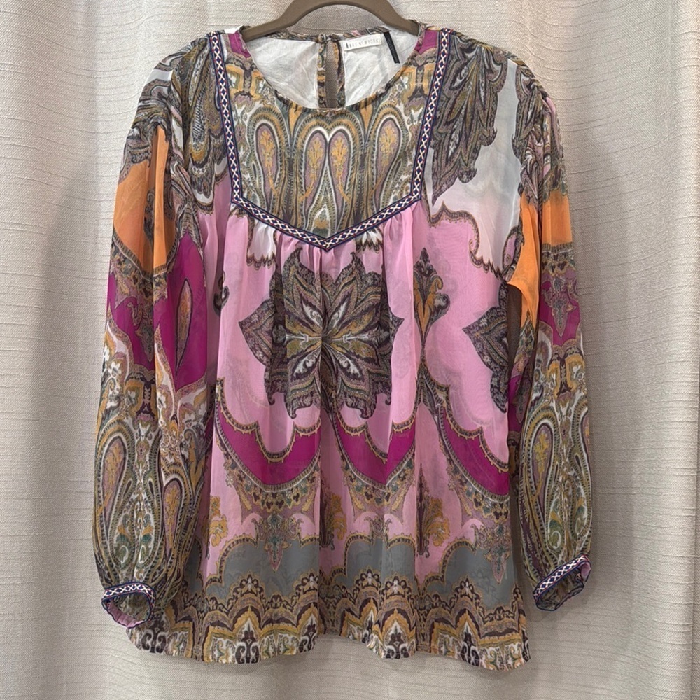 KAS NewYork/Anthropologie Graphic Pink and Orange Sheer Blouse Womens Size Small